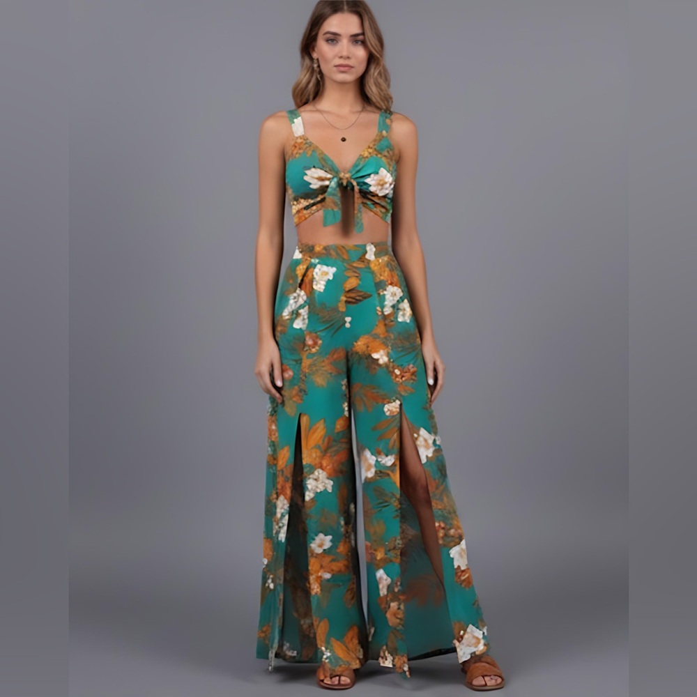 LAST ONE 🔥 Boho Print Crop Cami Top & Split Thigh Pants